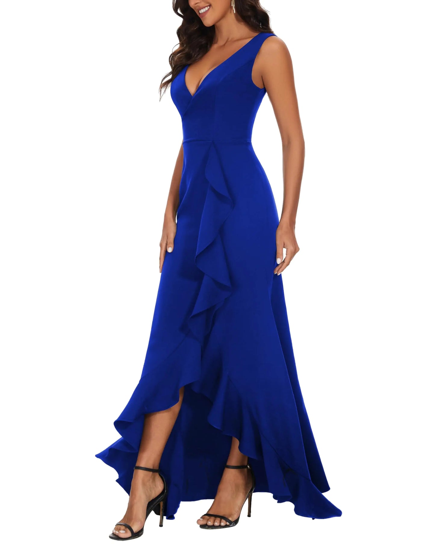 StarAneer Formal Dress for Women; Wedding Guest Long Wrap Ruffle Evening Party Gala Bridesmaid Deep V Neck Sleeveless Elegant Classic Sexy Split Maxi Dress Royal Blue M