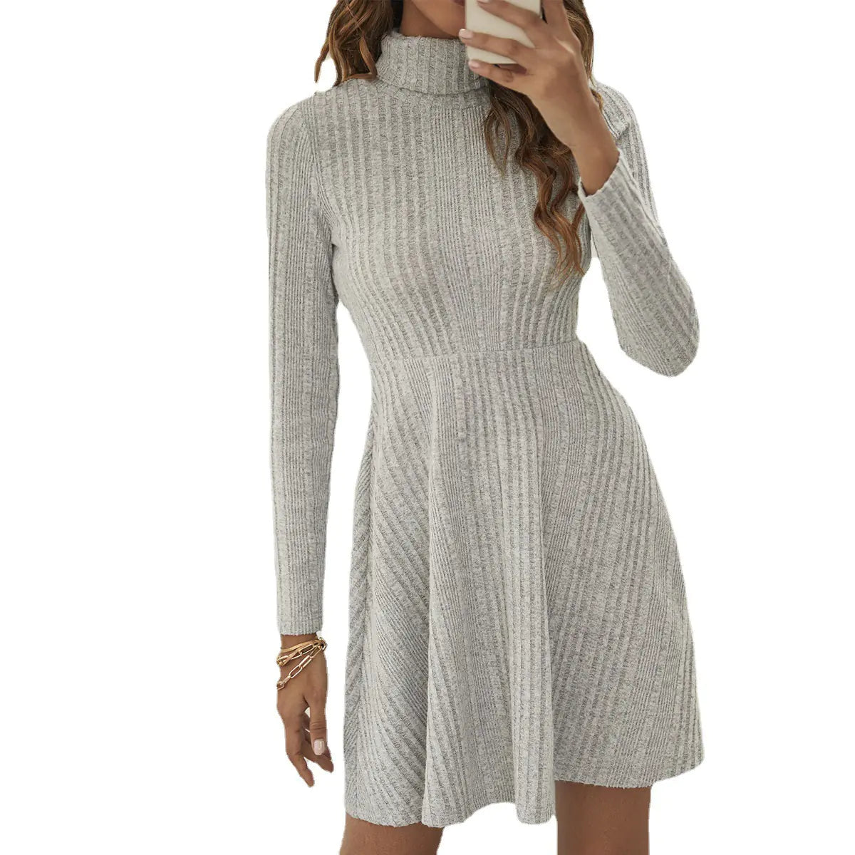 New Solid Color Long Sleeve Ruffle Dress for Women