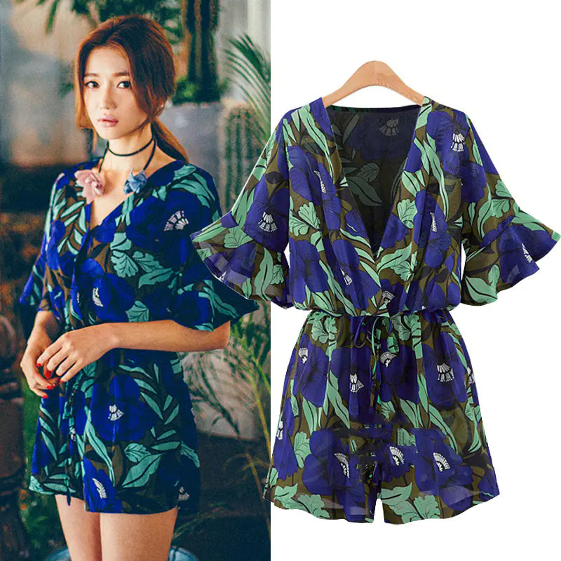 Plus Size V-Neck Floral Chiffon Romper for Summer