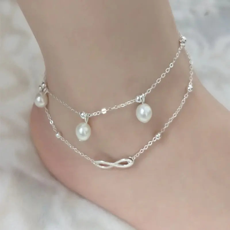 Double Layer Pearl Anklet - Handmade Beaded Foot Jewelry