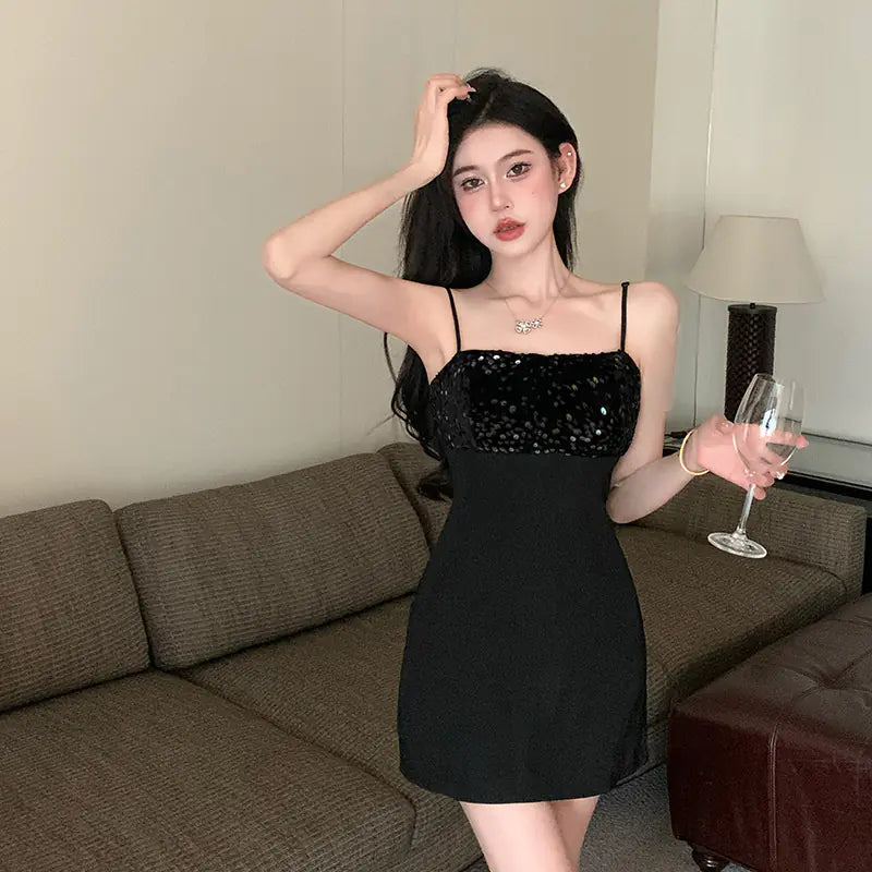 Sexy Spaghetti Strap Sequin Bodycon Little Black Dress