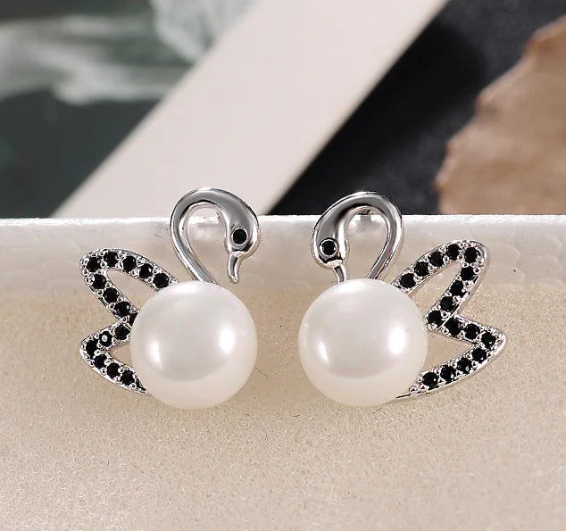 Swan Stud Earrings, Silver, Stylish Pearl Drop Jewelry