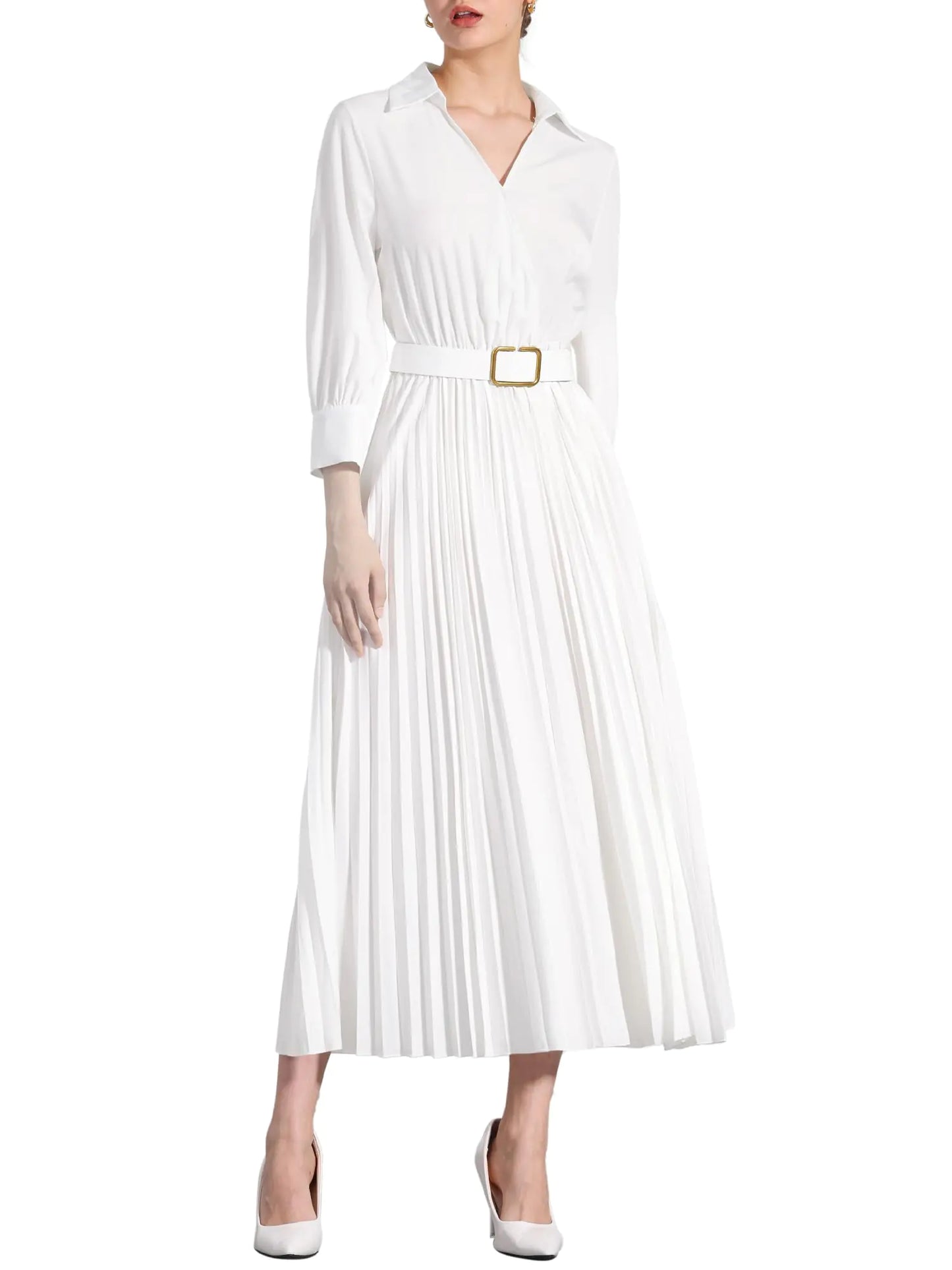 Allegra K Elegant Pleated Dress for Womens 3/4 Sleeves Collar V Neck Belted Maxi Dresses X-Small White