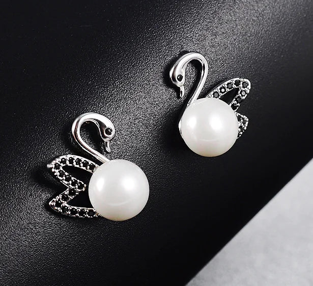 Swan Stud Earrings, Silver, Stylish Pearl Drop Jewelry