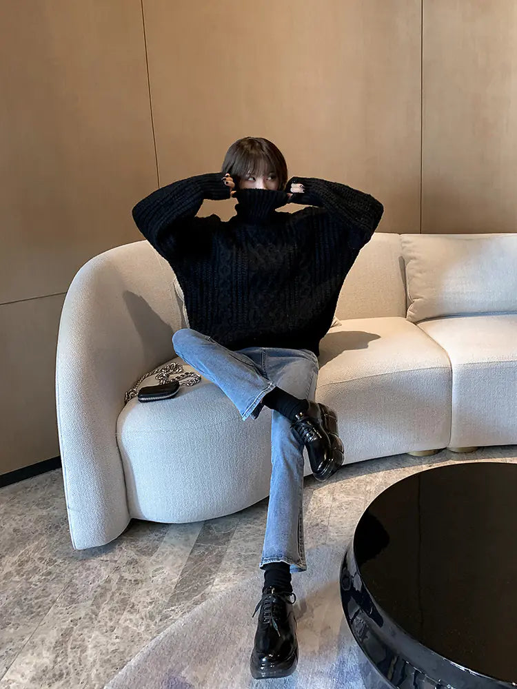 Loose Knit Sweater for Women - Black Turtleneck 2019