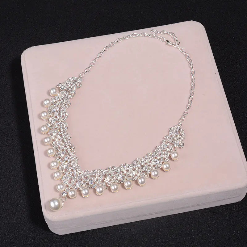 Korean Bridal Jewelry Set with Pearl Necklace & Earrings