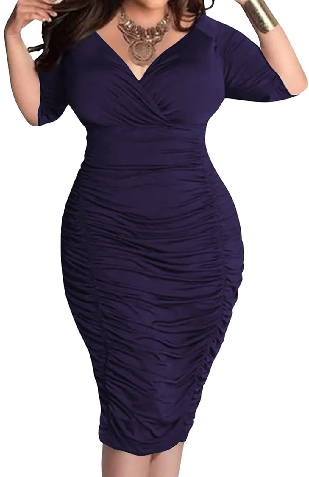 Yiershu Plus Size Dresses for Women Sexy Half Sleevees Elegant Wrap V-Neck Ruched Cocktail Evening Party Bodycon Pencil Casual Dress for Business Workwear Navy