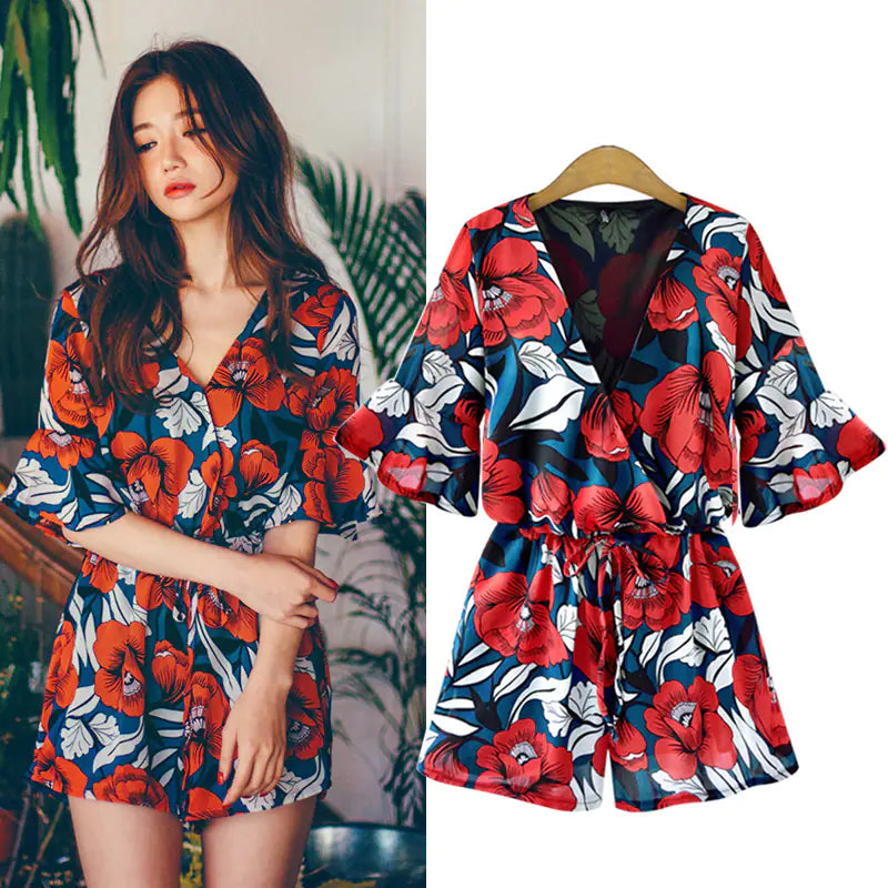 Plus Size V-Neck Floral Chiffon Romper for Summer