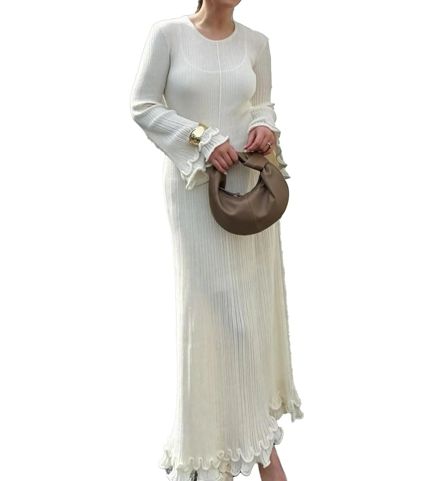 Unybwonn Women Crochet Ruffles Maxi Dress Ribbed Back Tie Knot Long Sleeve Elegant Dresses Formal Bodycon Knit Dresses Cream L