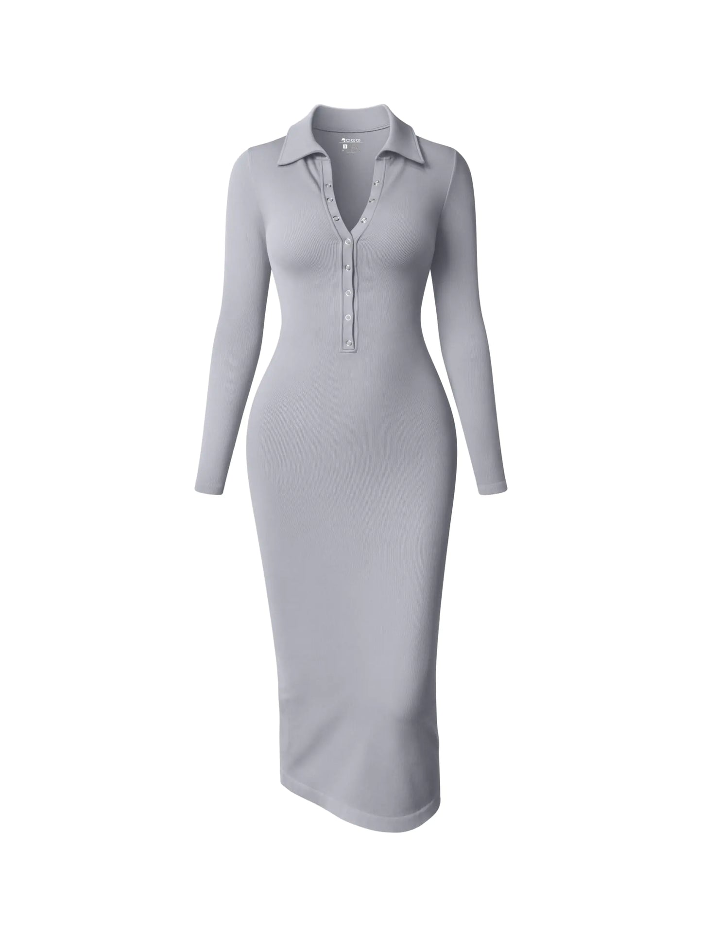 OQQ Womens Long Sleeve Maxi Dress Ribbed Back Slit Button Down Bodycon Soft Going Out Elegant Party Dresses Grey