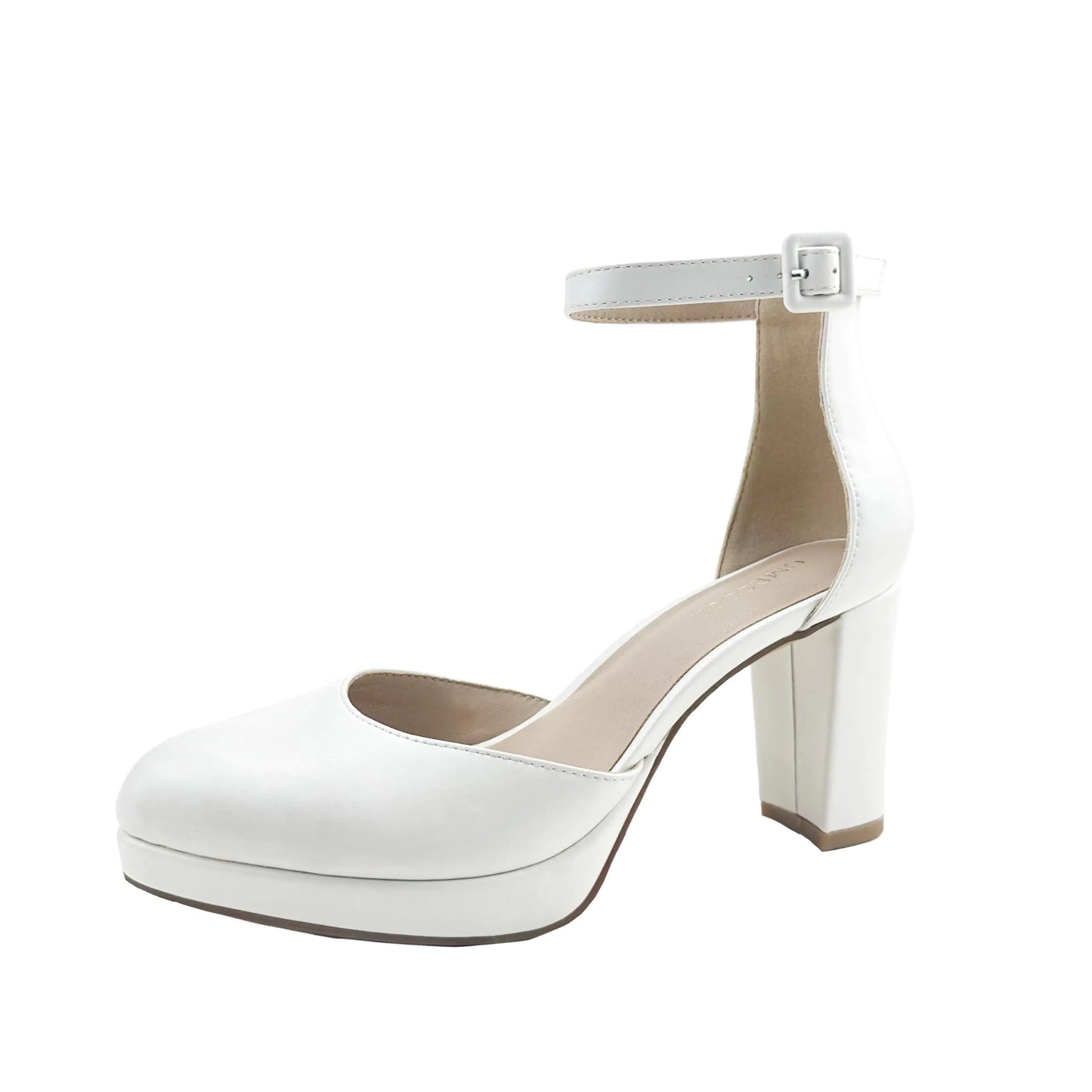 UMECOOL Chunky Closed Toe Heels for Women Womens Heels Closed Round Toe Chunky Block Pumps Shoes (White PU Adult Women 9 Numeric US Footwear Size System Medium)