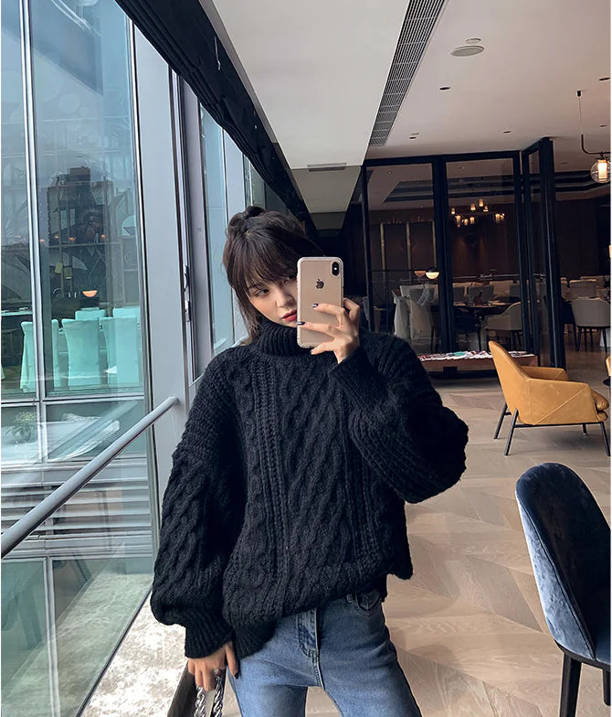 Loose Knit Sweater for Women - Black Turtleneck 2019