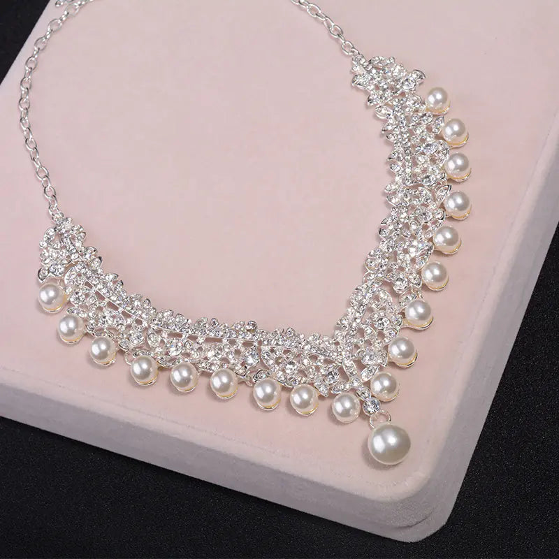 Korean Bridal Jewelry Set with Pearl Necklace & Earrings