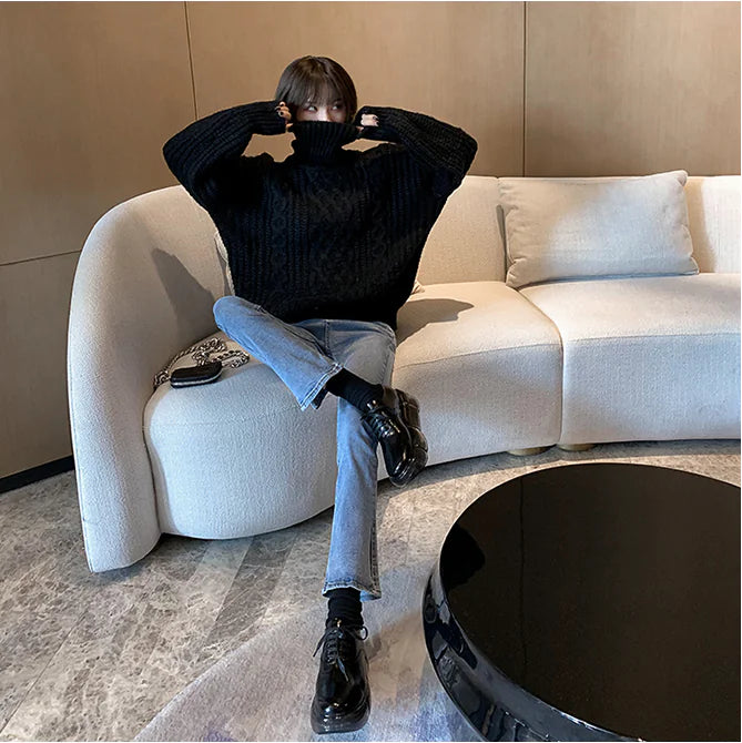 Loose Knit Sweater for Women - Black Turtleneck 2019