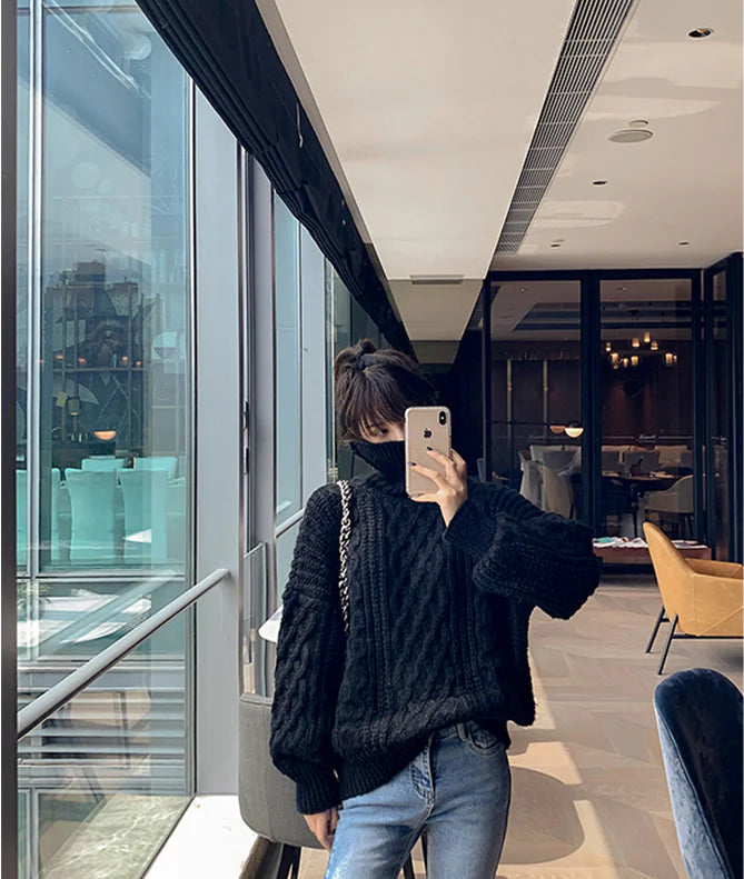 Loose Knit Sweater for Women - Black Turtleneck 2019