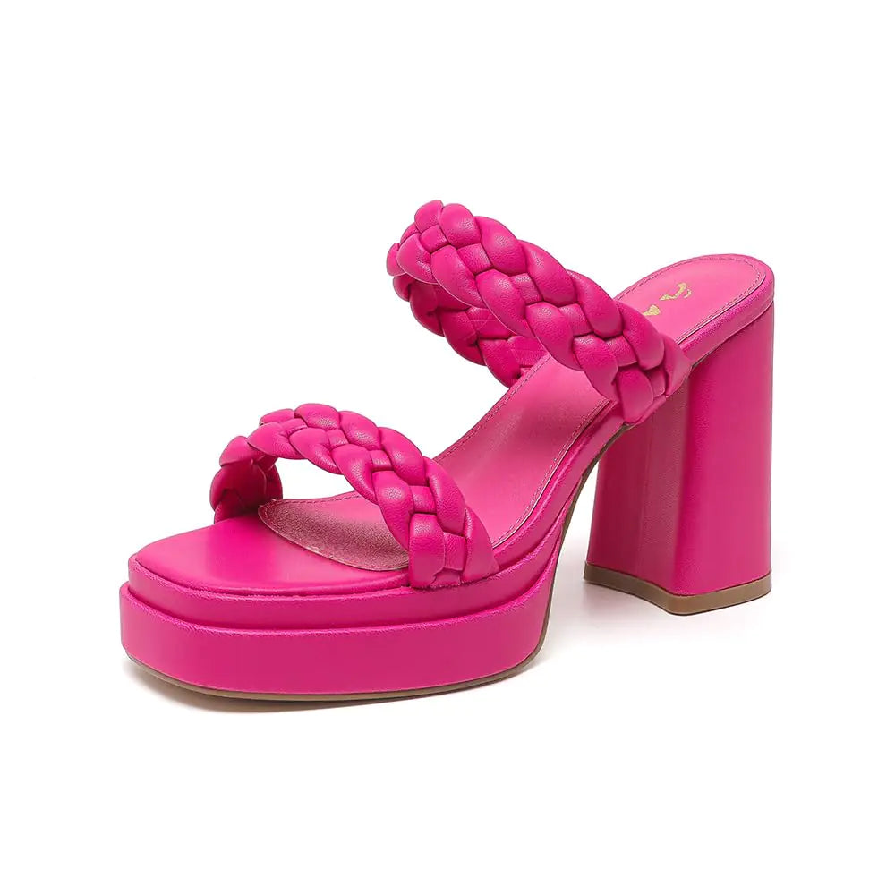 Amoji Womens Pink Platform Heels Chunky Heeled Braided Sandals Dress Block Thick Heels 314 Hot Pink Fuchsia 9.5 women