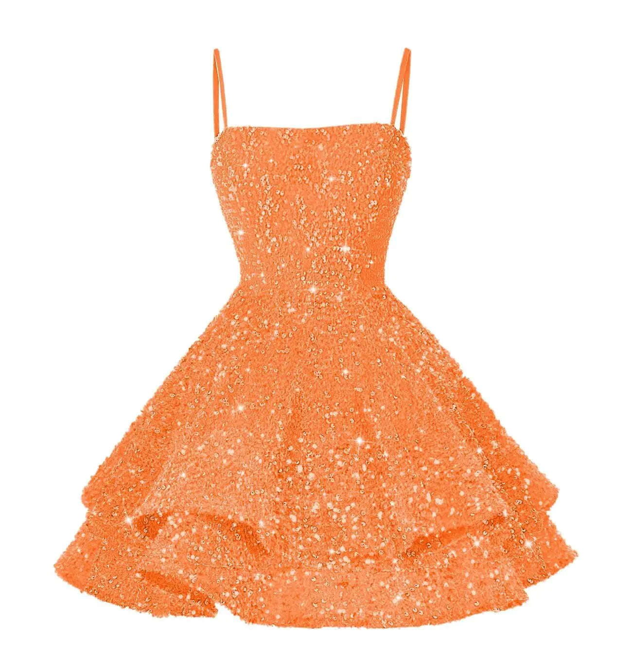 YOFF Sparkly Sequin Tiered Homecoming Dresses Short Spaghetti Straps Prom Dresses A-line Scoop Neck Evening Cocktail Gowns for Juniors Orange 2