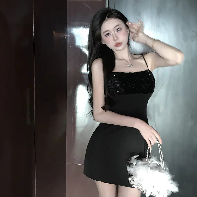 Sexy Spaghetti Strap Sequin Bodycon Little Black Dress