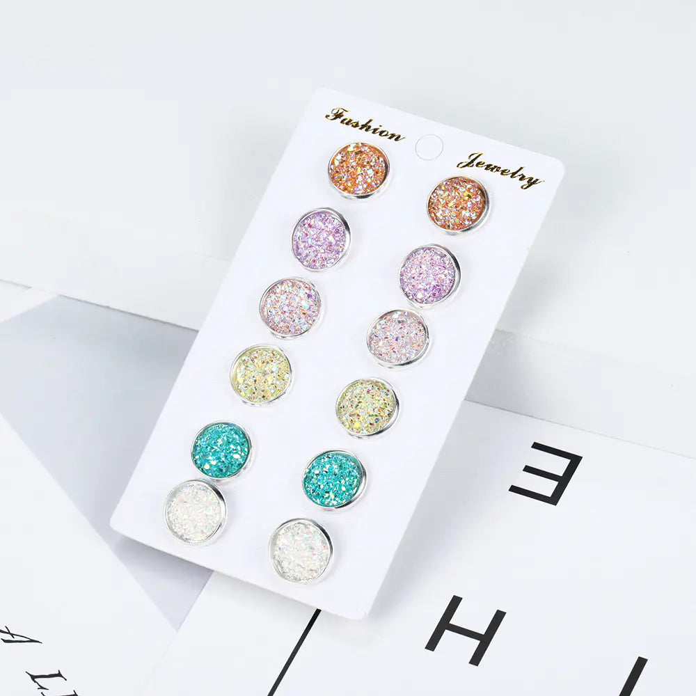 Colorful Round Stud Earrings Set of 6 Pairs for Women