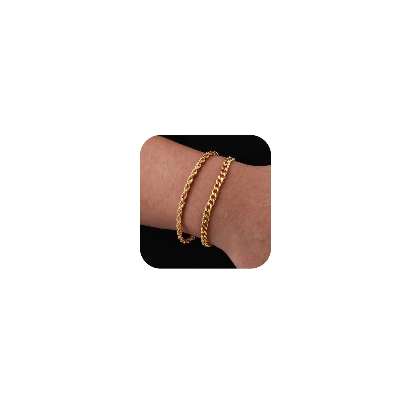P.BLAKE 2 Pcs Stack Gold Bracelets for Men 14K Gold Plated Cuban Link Rope Chain Bracelet Set Mens Jewelry Gifts Male Him Pulseras Para Hombres