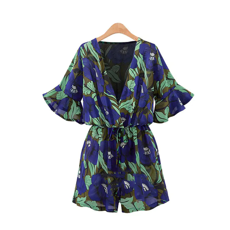 Plus Size V-Neck Floral Chiffon Romper for Summer