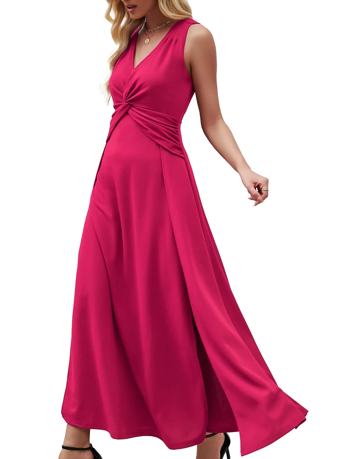 XEB Wedding Guest Dresses for Women 2024 V Neck Formal Dresses for Women Sleeveless Evening Gowns Pleated Cocktail Elegant Ruffle-Magenta-XXXL