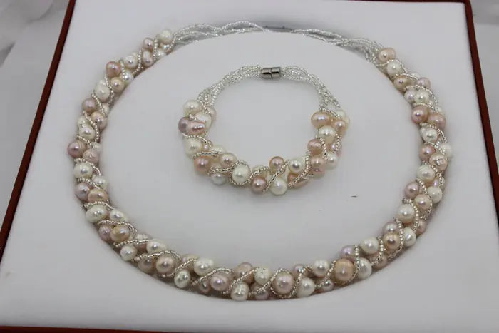 Bride Pearl Jewelry Set with Necklace and Bracelet