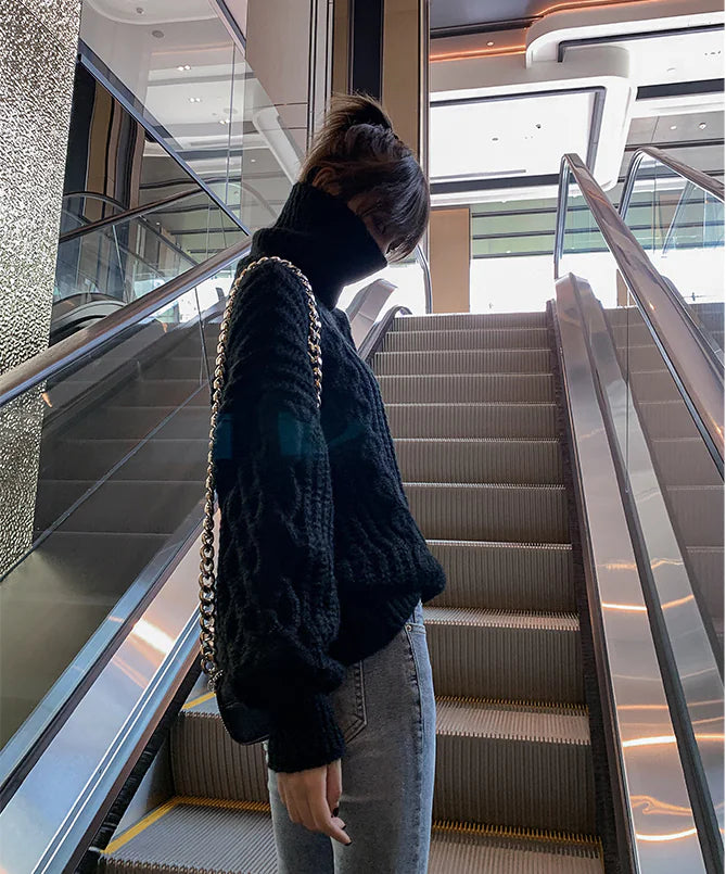 Loose Knit Sweater for Women - Black Turtleneck 2019