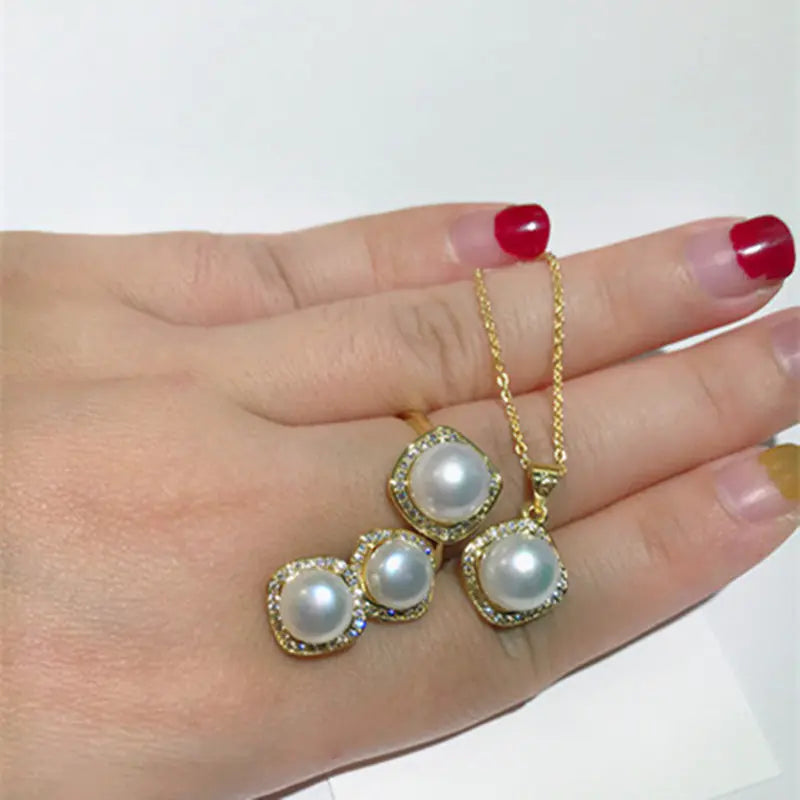 Natural Pearl Jewelry Set: Necklace, Earrings, Ring
