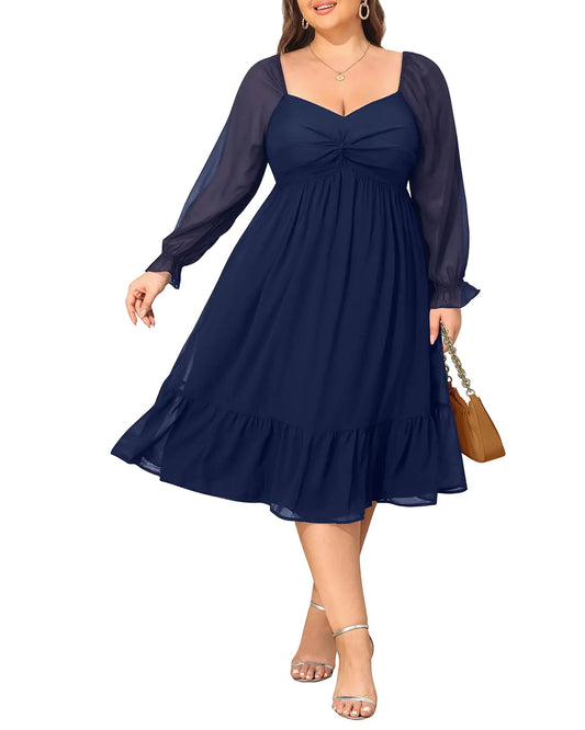 Talisea Plus Size Navy Blue Women Wedding Guest Long Sleeves Cocktail semi Formal Elegant Party Summer midi Dresses Fall