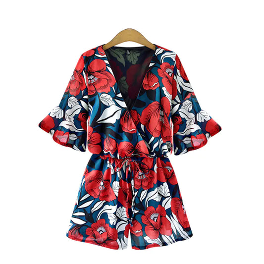 Plus Size V-Neck Floral Chiffon Romper for Summer