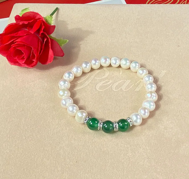 Agate Pearl Jewelry Set: Necklace, Bracelet, Ear Studs