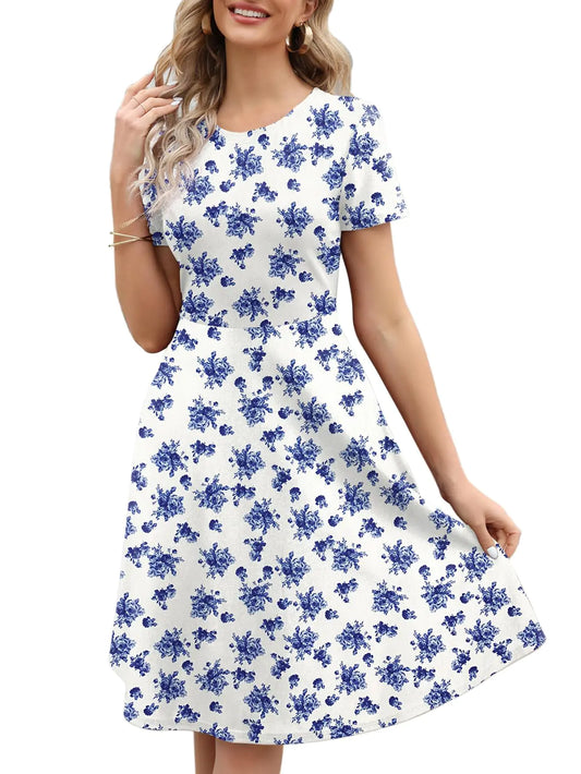 A-Line Dresses for Women Office Professional Casual Summer Elegant Work Party Floral Print Aline Dress with Pockets 162 White Floral XXL