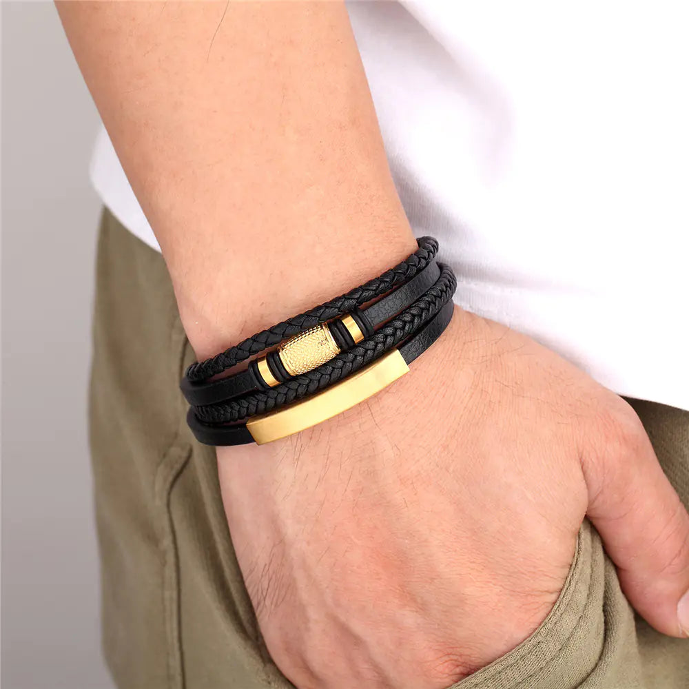 Men's Multilayer Leather Bracelet with Stainless Steel Beads