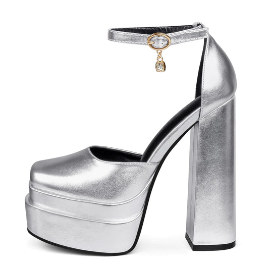 MERUMOTE Womens Sexy High Heels Platforms Pumps Square Toe Chunky Block Heels Rhinestone Party Shoes Silver PU US7