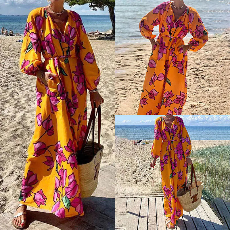 "Fall Fashion Casual V-neck Long Sleeve Loose Dress"