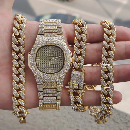 Gold-Plated Hip Hop Men's Jewelry Set with Rhinestones