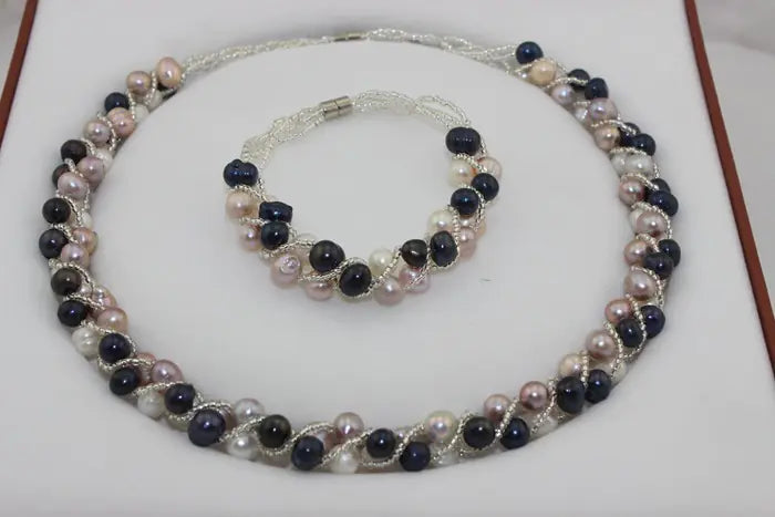 Bride Pearl Jewelry Set with Necklace and Bracelet