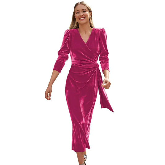 Long Sleeve Velvet Dresses for Women Formal Elegant Velvet Wrap Dress Fall Winter Wedding Guest Dresses For Women V Neck A Line Ruched Bodycon Midi Dress Evening Party Bridesmaid Dress Hot Pink XL