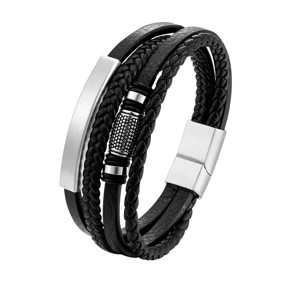 Men's Multilayer Leather Bracelet with Stainless Steel Beads