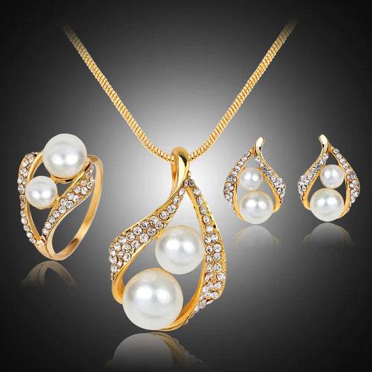 Fashion Pearl Jewelry Set: Earrings, Necklace, Ring