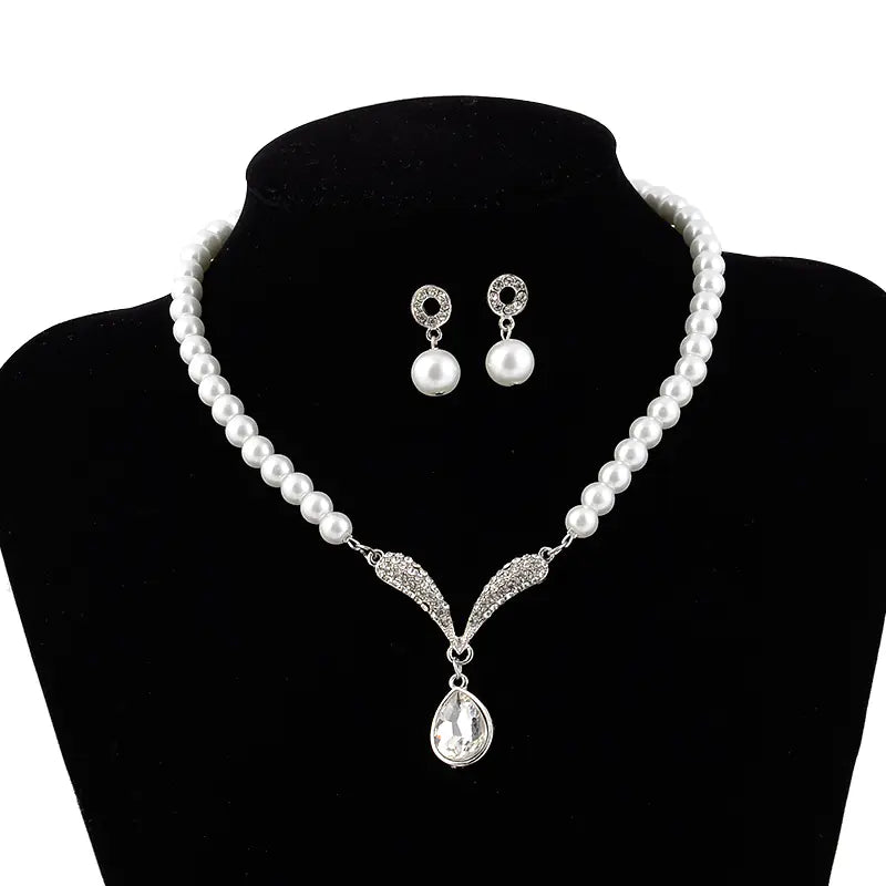 Bridal Jewelry Set with Pearl Necklace - Korean Style