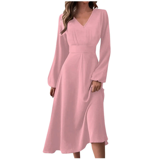 Long Sleeve Midi Dress for Women 2024 Spring Summer Solid Color V Neck High Waisted Modest T Shirt Dress Casual Flowy A Line Swing Dress Elegant Formal Party Wedding Guest Dresses A-Pink Small