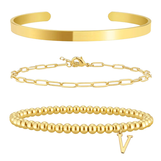 Gold Initial Bracelets Stack for Women Non Tarnish Dainty Gold Bracelet Jewelry Set for Women Trendy Letter V