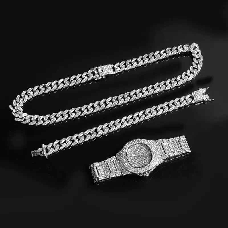 Gold-Plated Hip Hop Men's Jewelry Set with Rhinestones
