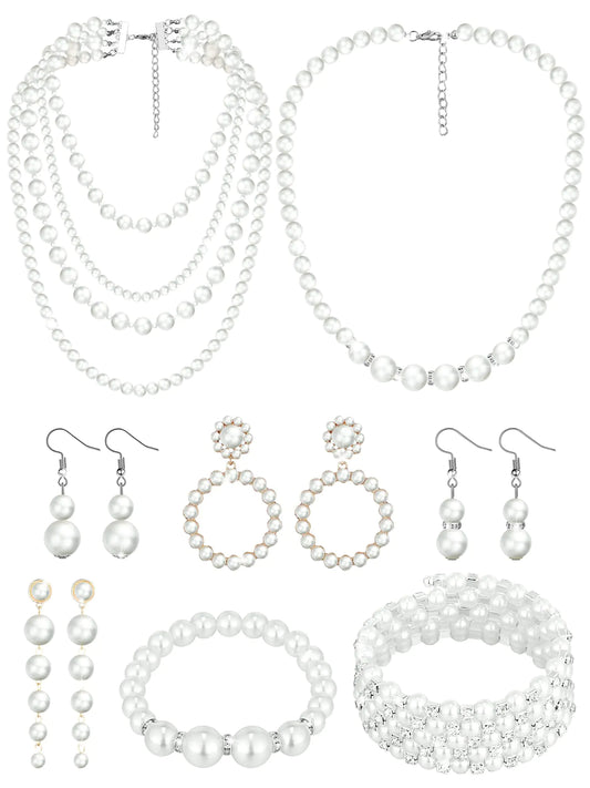 BBTO 8 Pcs Pearl Necklace and Earrings Set for Women Pearl Jewelry Set Faux Pearl Necklace Earrings Simulated Pearl Bracelets (Delicate Style)