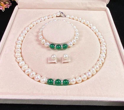 Agate Pearl Jewelry Set: Necklace, Bracelet, Ear Studs