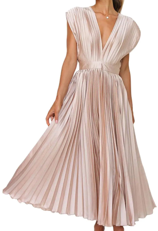 kiobrvhe Elegant Satin V Neck Pleated Midi Dress High Waisted Flowy Long Summer Sleeveless Dresses for Women (A PinkSUSAlphaSmallRegularRegular)