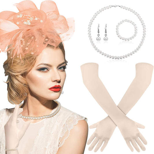 Yaomiao 5 Pcs 1920s Fascinators Feather Headband Pearl Jewelry Gloves for Women Tea Party Halloween Church Derby (Champagne)