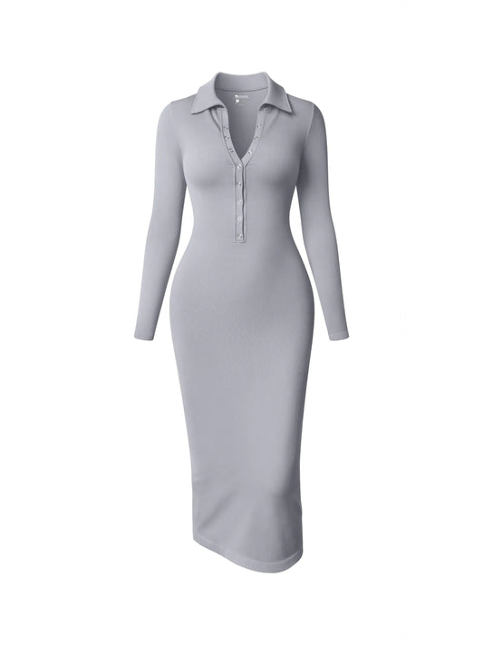 OQQ Womens Long Sleeve Maxi Dress Ribbed Back Slit Button Down Bodycon Soft Going Out Elegant Party Dresses Grey